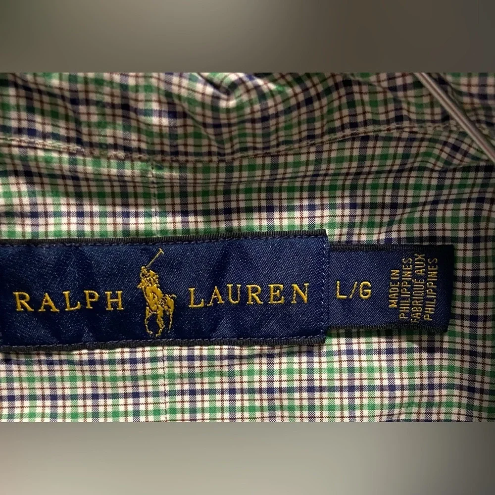 Polo Ralph Lauren Checked Shirt Mens Large Blue Green Classic Fit 100% Cotton